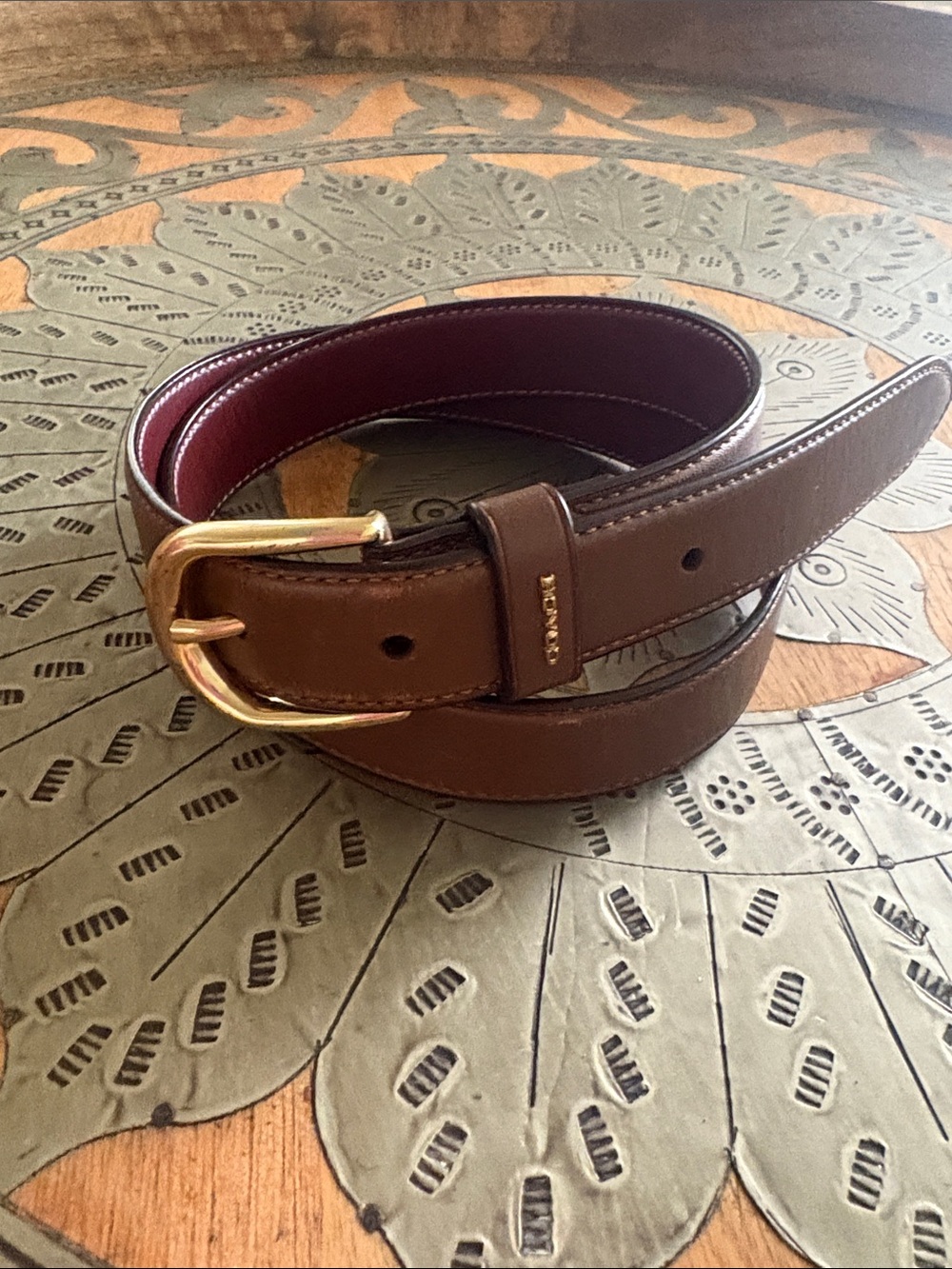Coach Brown Leather Belt with Gold Buckle and Red Lining